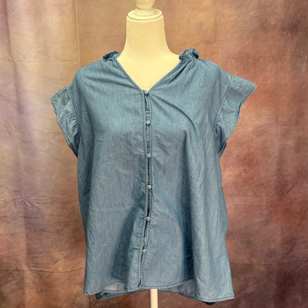 Fair Haven Light Wash Chambray Ruffle Neck Button-Front Blouse